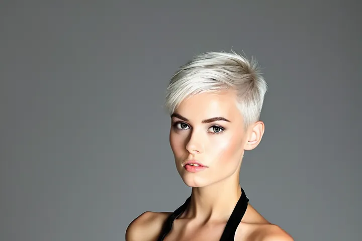Woman with a platinum pixie cut in a black glossy halter dress, decorative image