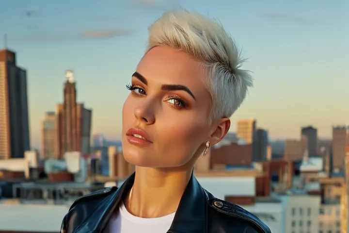 Woman with a platinum pixie cut in a black leather jacket on a city rooftop at sunset, decorative image