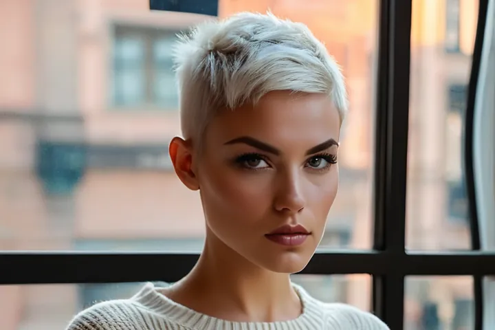 Woman with a platinum pixie cut in a cream knit sweater by a window, decorative image